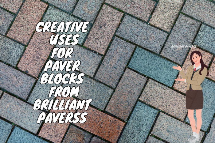 A professionally dressed woman gestures towards the text, inviting viewers to explore the diverse and artistic paver solutions offered by Brilliant Paverss, Coimbatore's leading paver block provider, perfect for infusing creativity into any outdoor area.