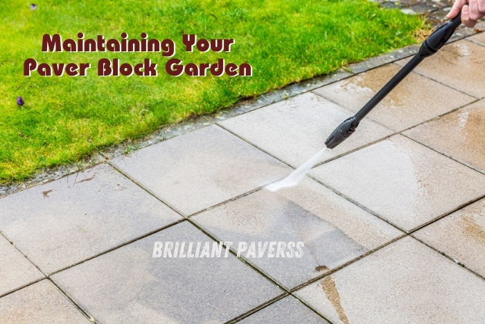 Brilliant Paverss team cleaning paver block garden in Coimbatore using high-pressure water spray for proper outdoor maintenance